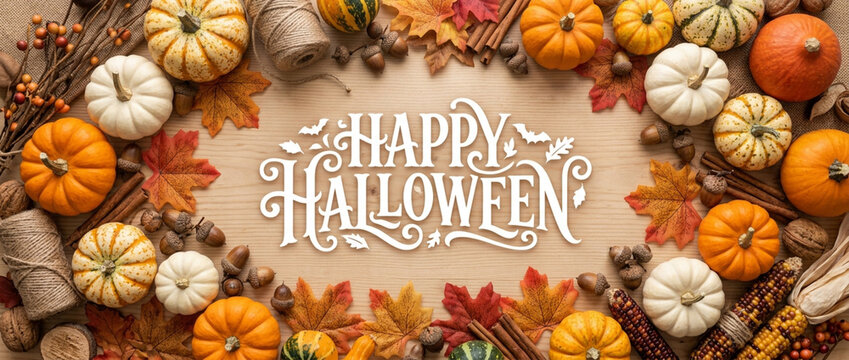 Happy Halloween Decorative Border with Pumpkins, Autumn Leaves, Cinnamon Sticks, Twine