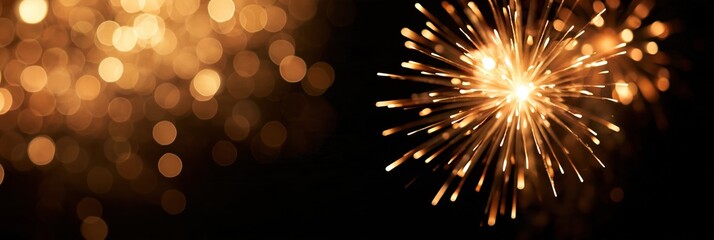 Fototapeta premium Golden sparkler bursts against black background with warm bokeh lights and generous copy space, creating elegant festive celebration banner for New Year, holiday party, anniversary and joyful events