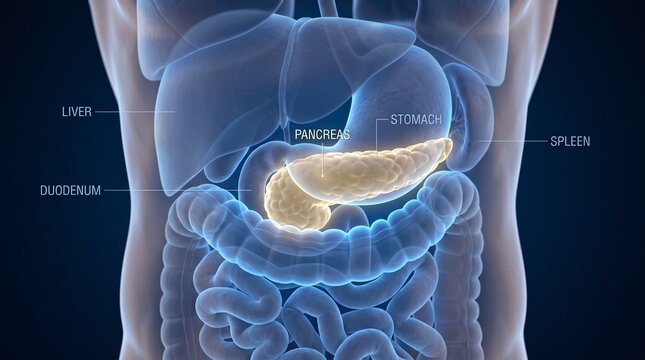 Pancreas Anatomy Medical Illustration Showing Human Internal Organ System with Glowing Digestive Anatomy Highlighted