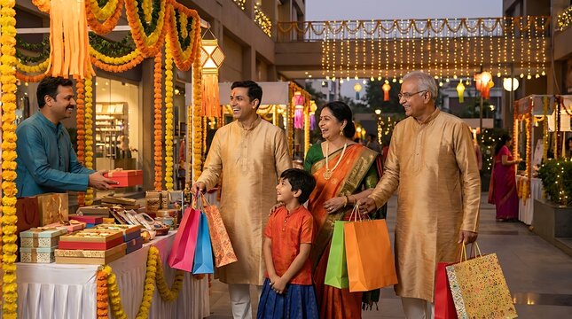 Happy indian family shopping for traditional clothes and gifts at a festive street market bazaar
