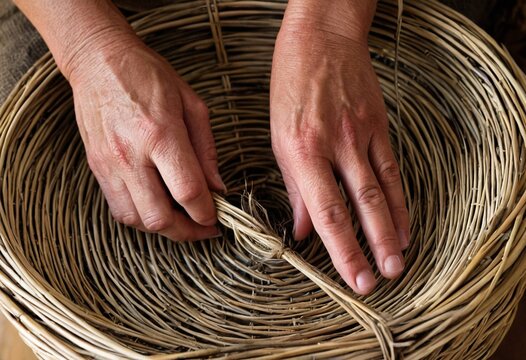 Hands weaving natural straw basket, close-up of rustic craft and texture