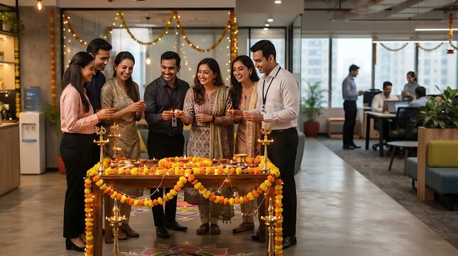 Diverse group of indian office colleagues celebrating diwali festival together in a modern corporate workspace