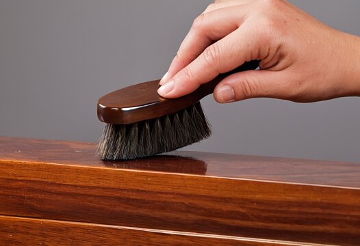 Hand brushing wooden surface with a small brush, close-up detail shot