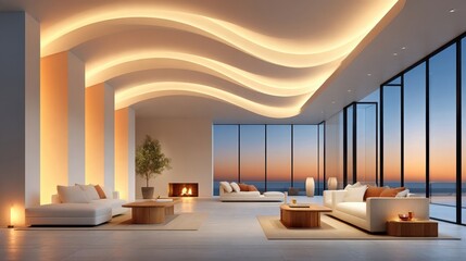 Fototapeta premium Modern living room with white sofas, wooden tables, and wavy ceiling lighting, featuring fireplace and ocean view at dusk, interior design concept