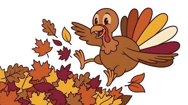 A cute cartoon turkey jumping happily into a pile of colorful autumn fall leaves isolated