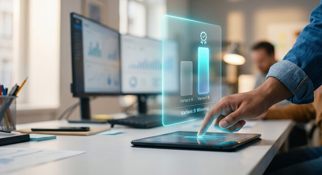 Hand on tablet with A/B testing conversion dashboard hologram, glowing variant comparison bars and winning badge, digital marketing optimization technology concept