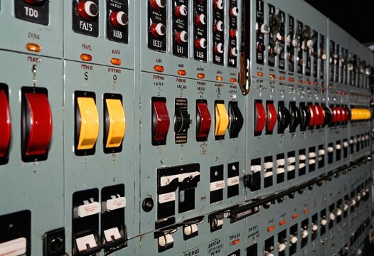 Detailed close-up of vintage audio mixing console with illuminated knobs and sliders