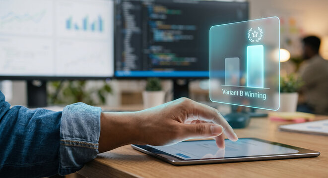 Hand on tablet with A/B testing conversion dashboard hologram, glowing variant comparison bars and winning badge, digital marketing optimization technology concept