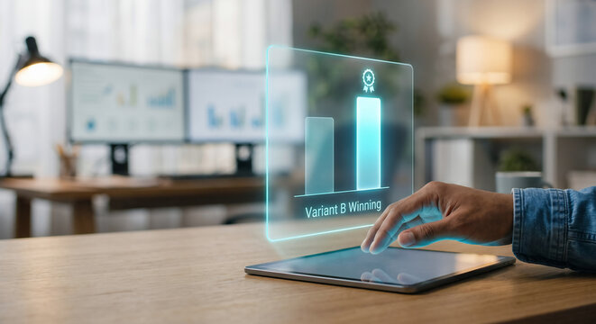 Hand on tablet with A/B testing conversion dashboard hologram, glowing variant comparison bars and winning badge, digital marketing optimization technology concept