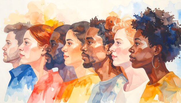 Seis perfiles de personas en acuarela con colores c&aacute;lidos y azules