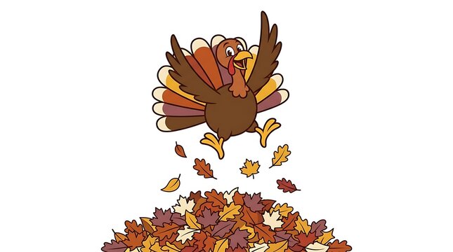 Cartoon turkey standing behind a large pile of colorful autumn leaves on white background