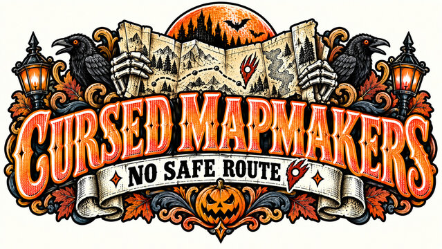 Cursed Mapmakers Pin a Jagged Claw Across Folded Haunted Routes, Vintage Halloween Graphic, Creepy Holiday Illustration, Seasonal Horror Design