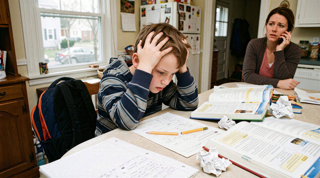 Frustrated young boy struggling with homework at kitchen table while mother talks on phone