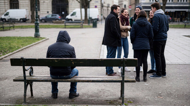 Lonely person in a hooded jacket sitting alone on a park bench while a group of youths socialize in the background