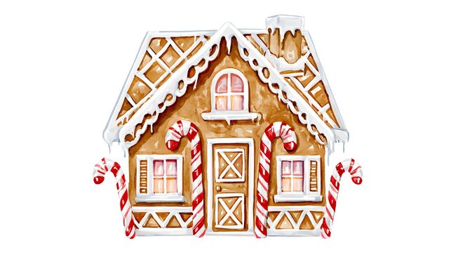 Gingerbread house with white icing and candy canes on white background