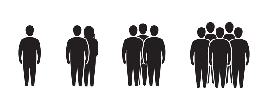 Black silhouette group icons set featuring diverse people shapes for web and application navigation.