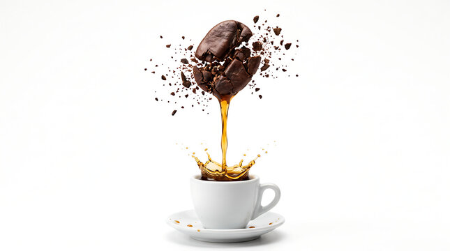 Coffee bean disintegrating into liquid pouring into a white ceramic