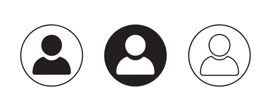 Black user profile icon set in circles outline and filled for avatar login or contact us.