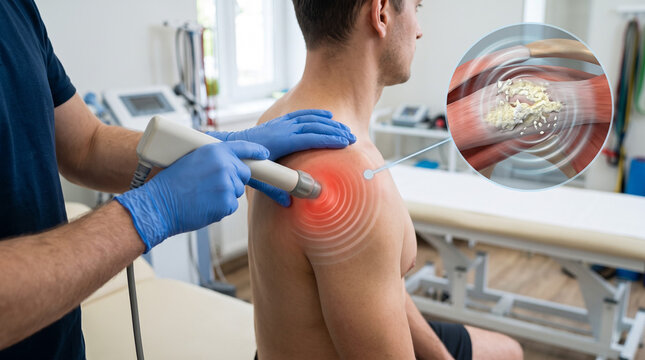 Doctor gloved hand holding syringe near patient shoulder with glowing red target zone. CGI needle path into bursa inset. Corticosteroid injection concept