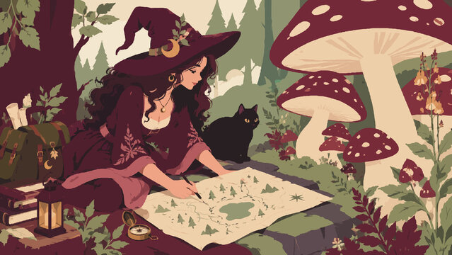 Witch drawing map in enchanted forest