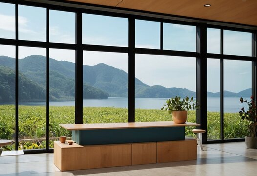 Modern office interior with wooden desk overlooking lush green landscape and mountains