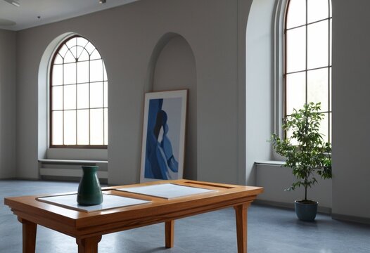Minimalist interior with arched windows, wooden table, and potted plant