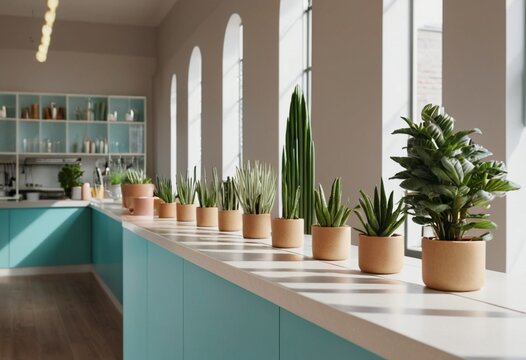 Modern kitchen counter with various potted plants and greenery, bright interior design