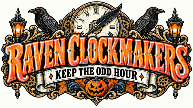 Raven Feather Clock Hand Marks the Odd Hour Among Gears, Vintage Halloween Graphic, Spooky Seasonal Illustration, Creepy Holiday Illustration