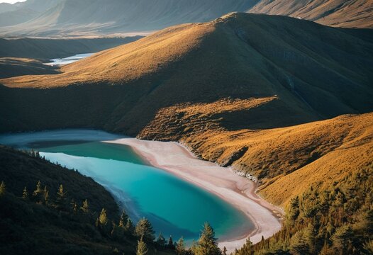 Serene turquoise lake nestled among rolling golden hills at sunset or sunrise