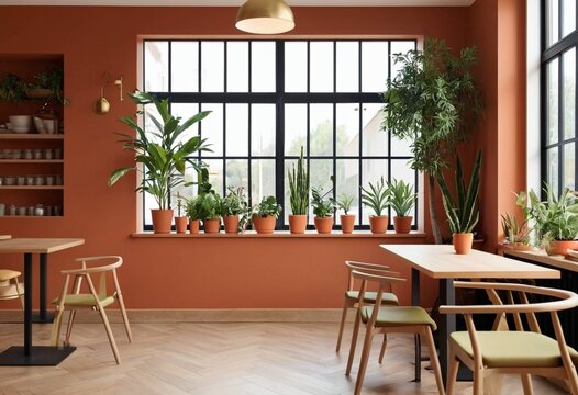 Bright modern office space with indoor plants and wooden tables