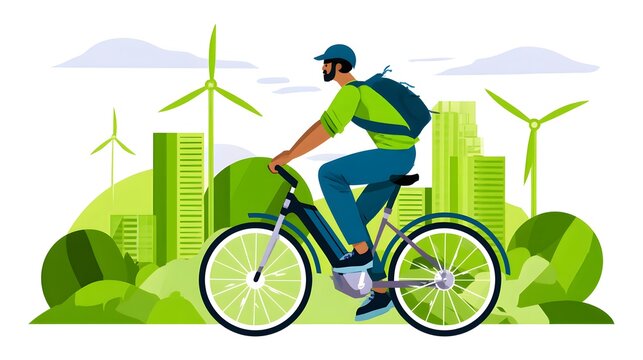 Person riding electric bicycle in green city with wind turbines