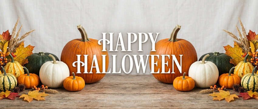 Happy Halloween Decorative Pumpkins Autumn Fall Harvest Seasonal Greetings Horizontal Banner