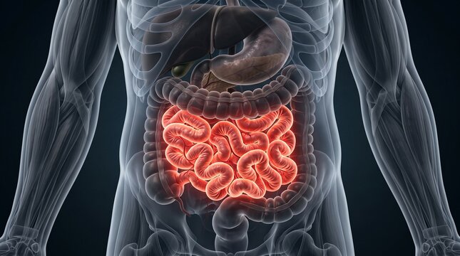 Small Intestine Anatomy Visualized Inside Human Abdominal Cavity for Medical Education and Science Illustration