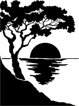 Black tree silhouette on cliff overlooking sunset over calm water vector illustration, generative AI   