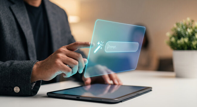 Woman's hand touching tablet with generative AI prompt bar hologram, glowing sparkle magic wand icon and blinking cursor, artificial intelligence content creation interface concept