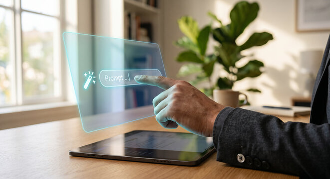 Woman's hand touching tablet with generative AI prompt bar hologram, glowing sparkle magic wand icon and blinking cursor, artificial intelligence content creation interface concept