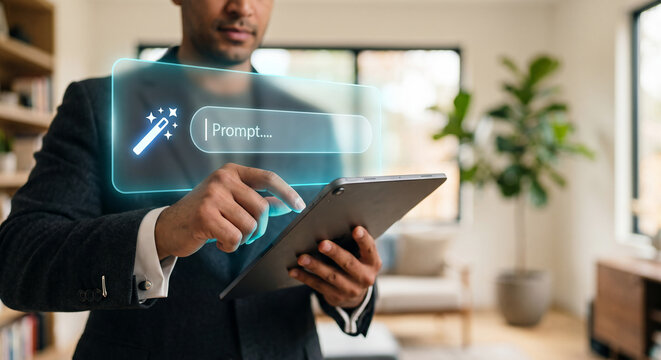 Woman's hand touching tablet with generative AI prompt bar hologram, glowing sparkle magic wand icon and blinking cursor, artificial intelligence content creation interface concept