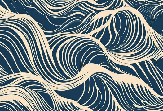 Abstract flowing waves pattern in navy blue and beige, modern seamless background design