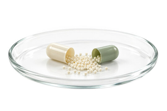 Open medical capsule with pellets on a glass petri dish isolated on transparent background