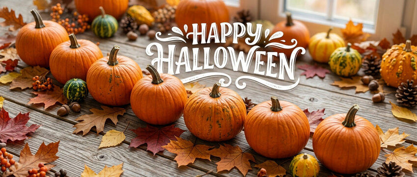 Happy Halloween Pumpkins Autumn Leaves Rustic Wooden Table Festive Celebration