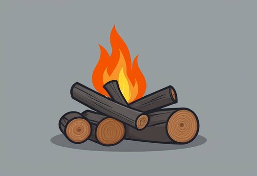 Cartoon bonfire with stacked logs illustration on grey background