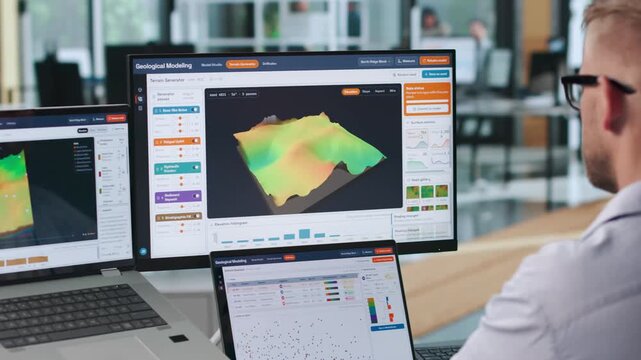Geologist Examines 3D Subsurface Model Using Laptop