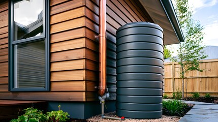 Fototapeta premium Rainwater harvesting tank and copper downspout by timber house