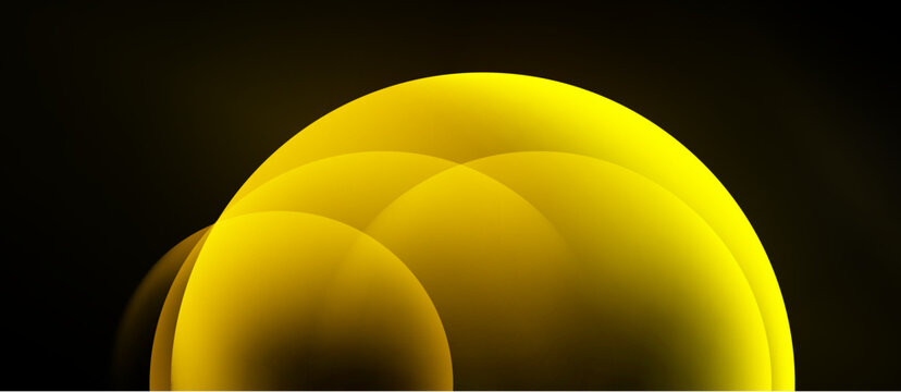 Golden overlapping circles form semicircular shape. Minimalist design, dark background creates contrast, soft glow present.