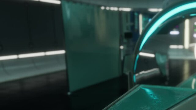 A modern corridor shines under soft lights, showcasing smooth lines and glowing edges.