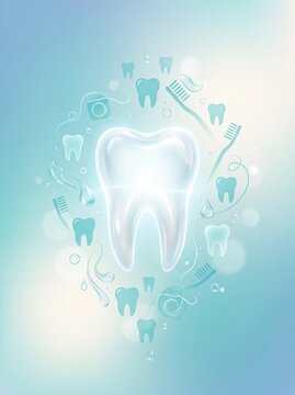 Large White Tooth with Dental Care Elements on Blue Background