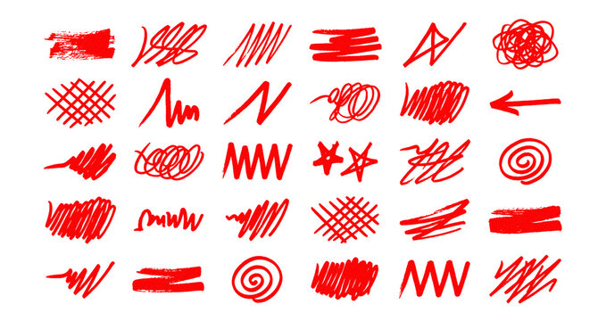 Set of handdrawn red scribble shapes isolated on transparent background