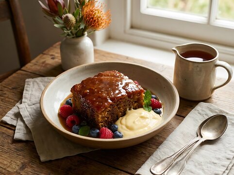 Warm sticky toffee pudding with berries and cream served on a rustic wooden table by the window. Traditional Cape Town dishes