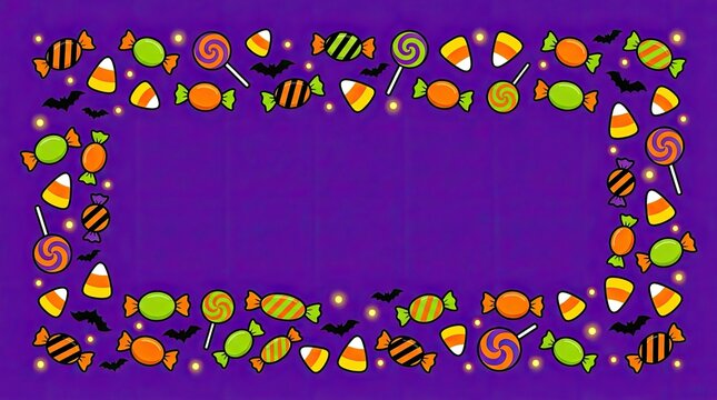 Colorful halloween candy border with assorted sweets on a vibrant purple background