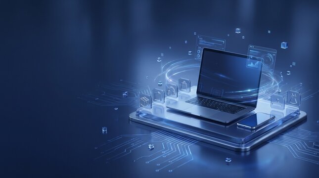 Modern technology setup featuring glowing blue digital interfaces floating around a sleek laptop computer